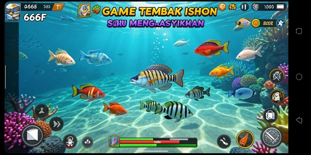 Tampilan gameplay seru dalam 666F saat menangkap ikan.