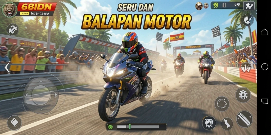 Screenshot utama memperlihatkan aksi balapan motor yang mendebarkan.