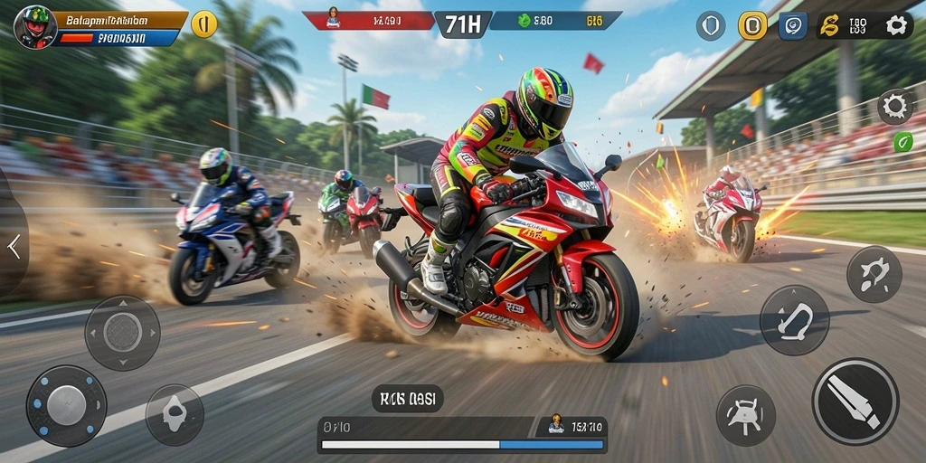 Screenshot utama 71H menampilkan balapan motor yang mendebarkan.