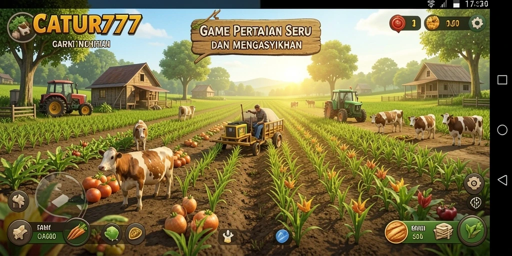 Screenshot utama CATUR777 menampilkan lahan pertanian yang subur dan penuh tanaman.