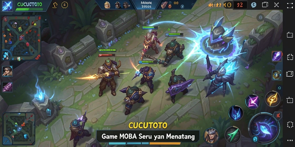 Screenshot utama CUCUTOTO yang menunjukkan aksi pertarungan di arena MOBA.