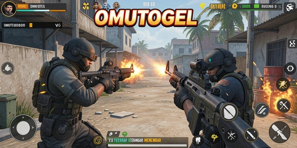 Screenshot dari gameplay seru OMUTOGEL yang menampilkan aksi tembak-menembak.