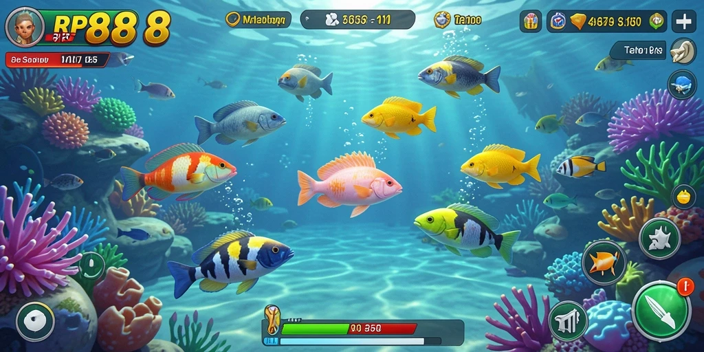 Screenshot gameplay RP888 menampilkan aksi menembak ikan yang seru.